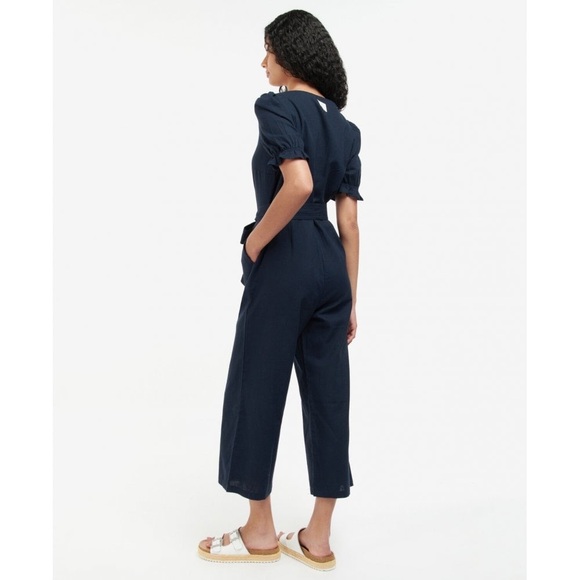 Barbour Navy leilani linen blend square neck puff sleeve Jumpsuit 14 - Picture 2 of 15